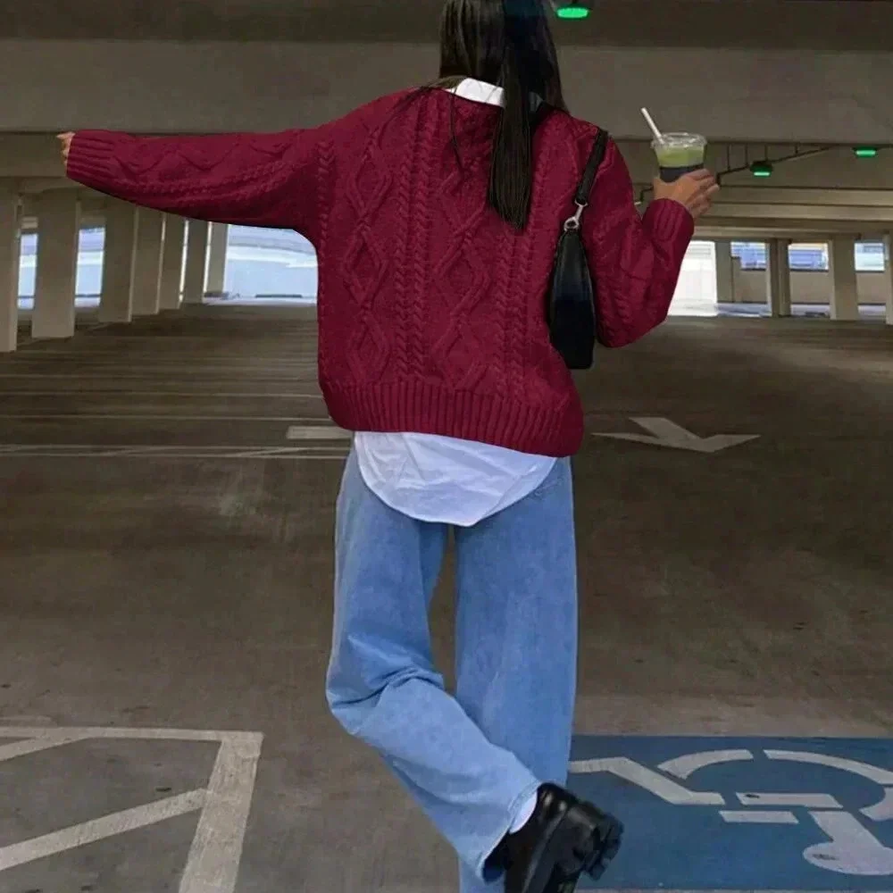 Burgundy Casual Women's Round Neck Cable Knit Long Sleeve Sweater